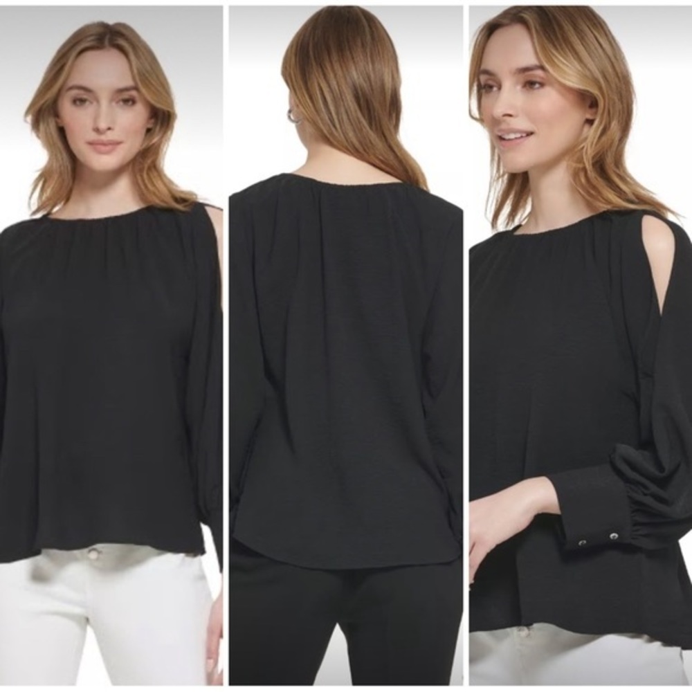Bloomingdale’s Aqua Black‎ Cold Shoulder Blouse Small